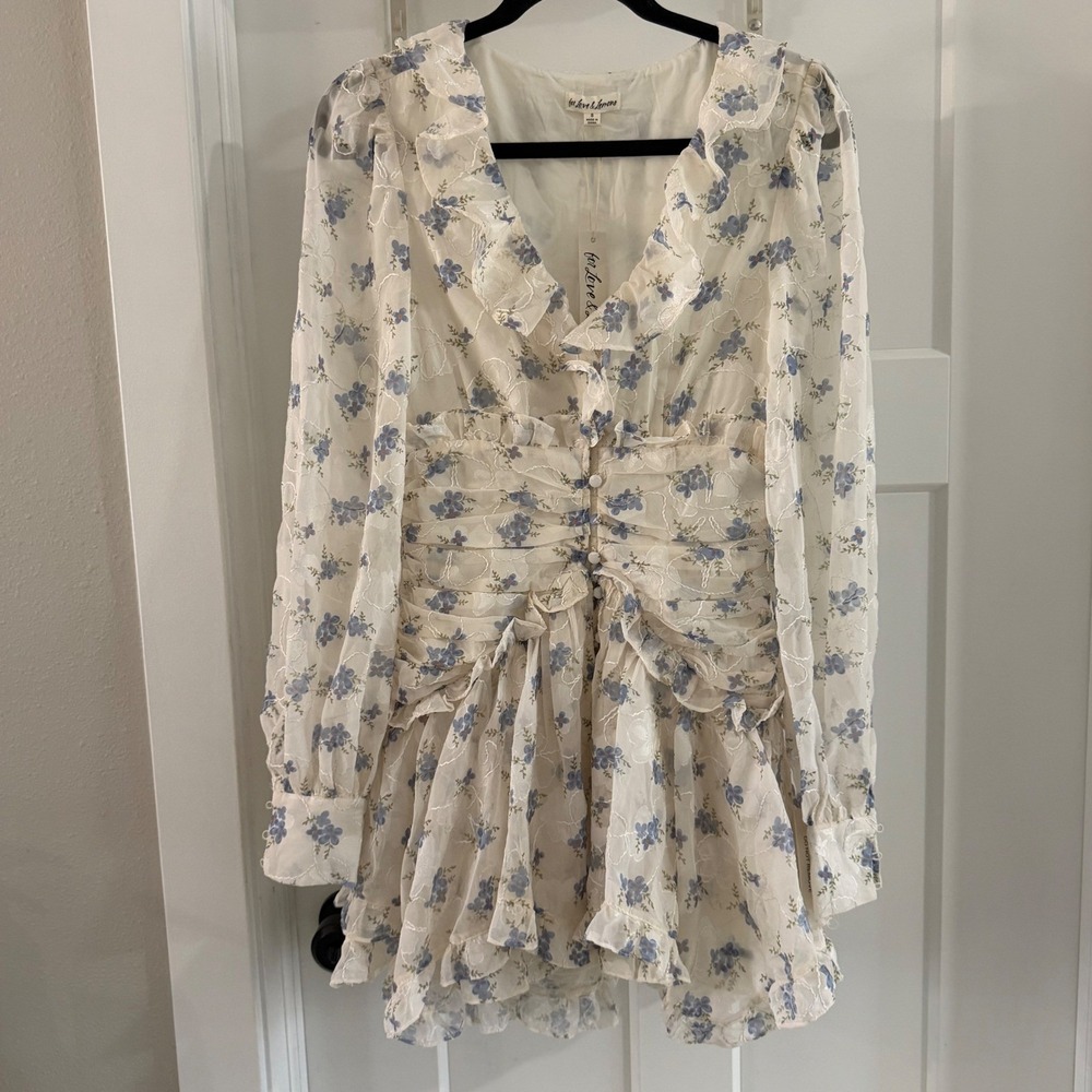 For Love & Lemons Cream Floral Mini Dress with Blue Print